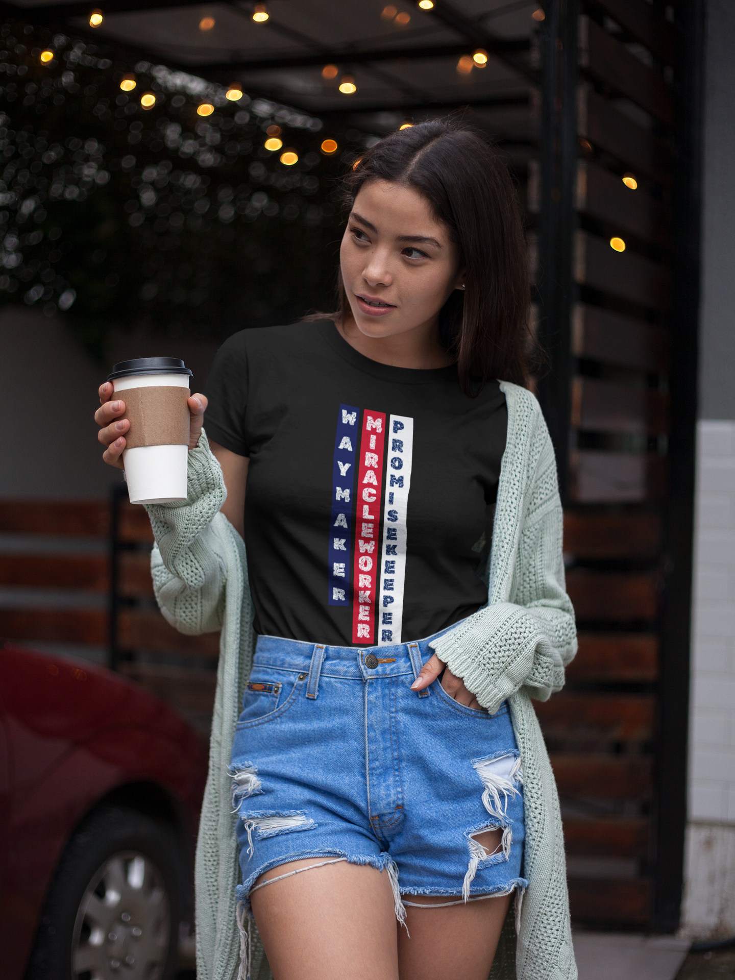Faith-Inspired “Way Maker, Miracle Worker, Promise Keeper” Flag-Stripes Tee