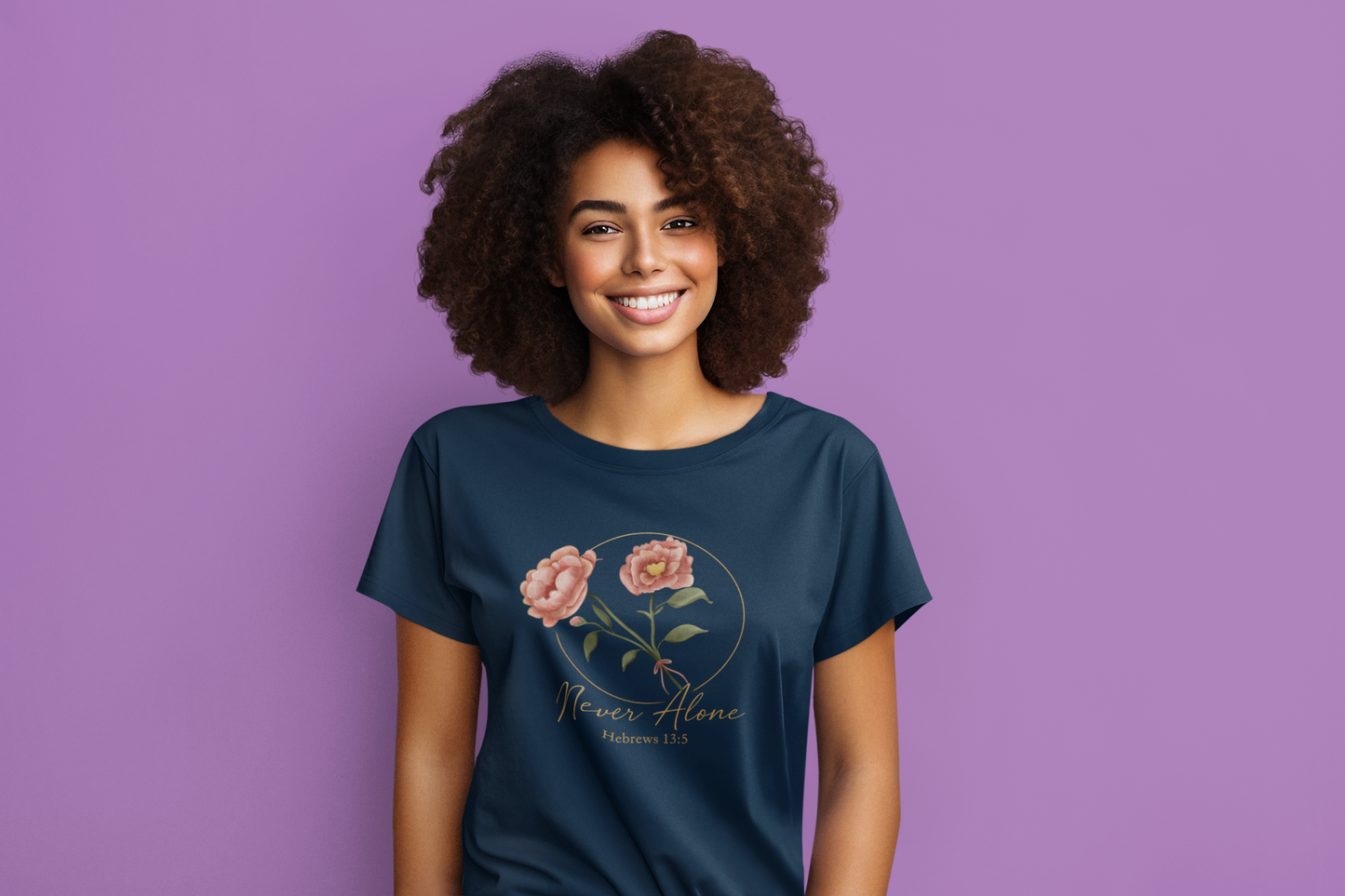 Never Alone T-Shirt – Royal Roses Hebrews 13:5 Christian Tee